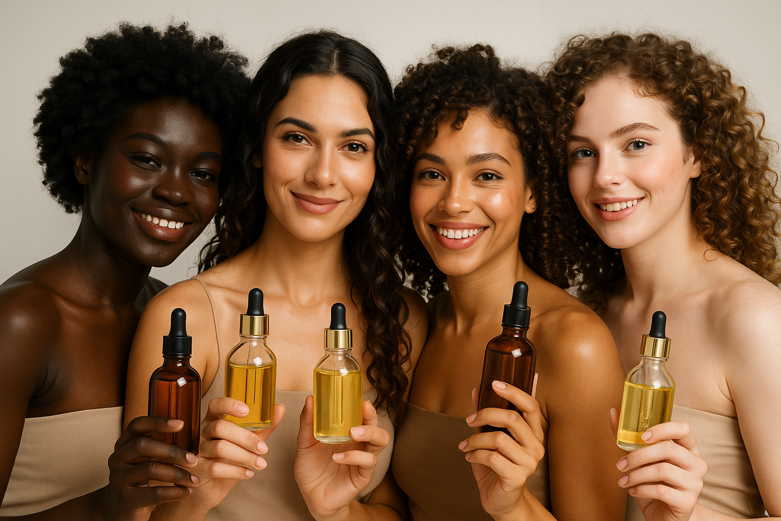 women with different curl texture  and skin color and hair oils in hand
